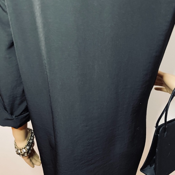 Black sheen lightweight button down long sleeve dress w/ bow tie in the front! - Picture 14 of 14
